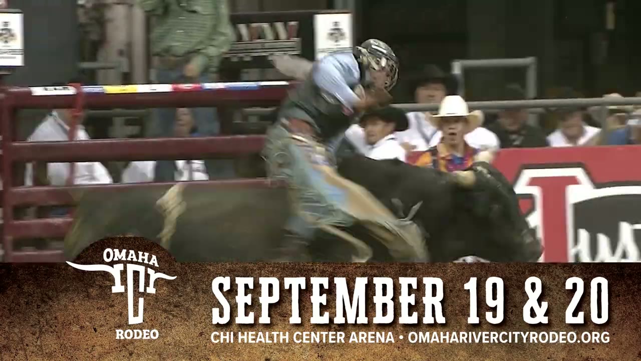Frame from the Omaha River City Rodeo commercial showing rodeo action promotion